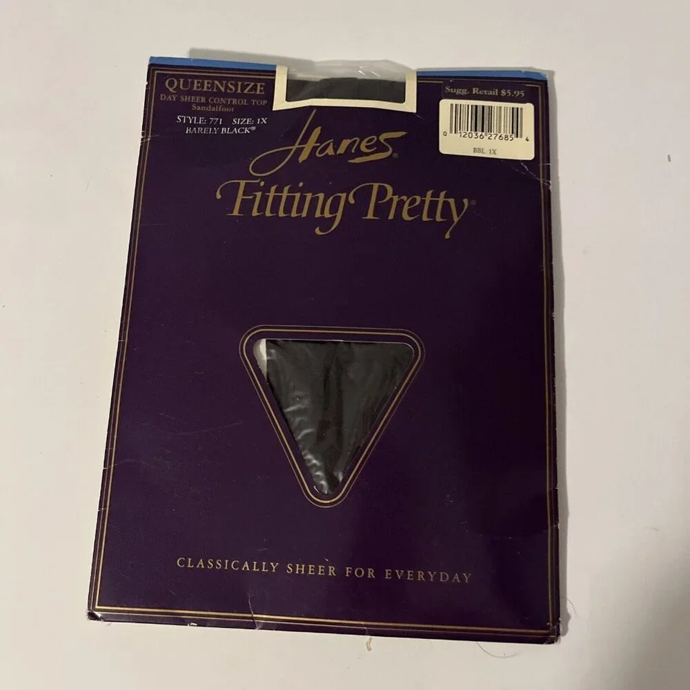 Vintage Hanes Fitting Pretty Control Top Pantyhose Queen Barely Black 1X
